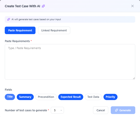 AI test generation input modal
