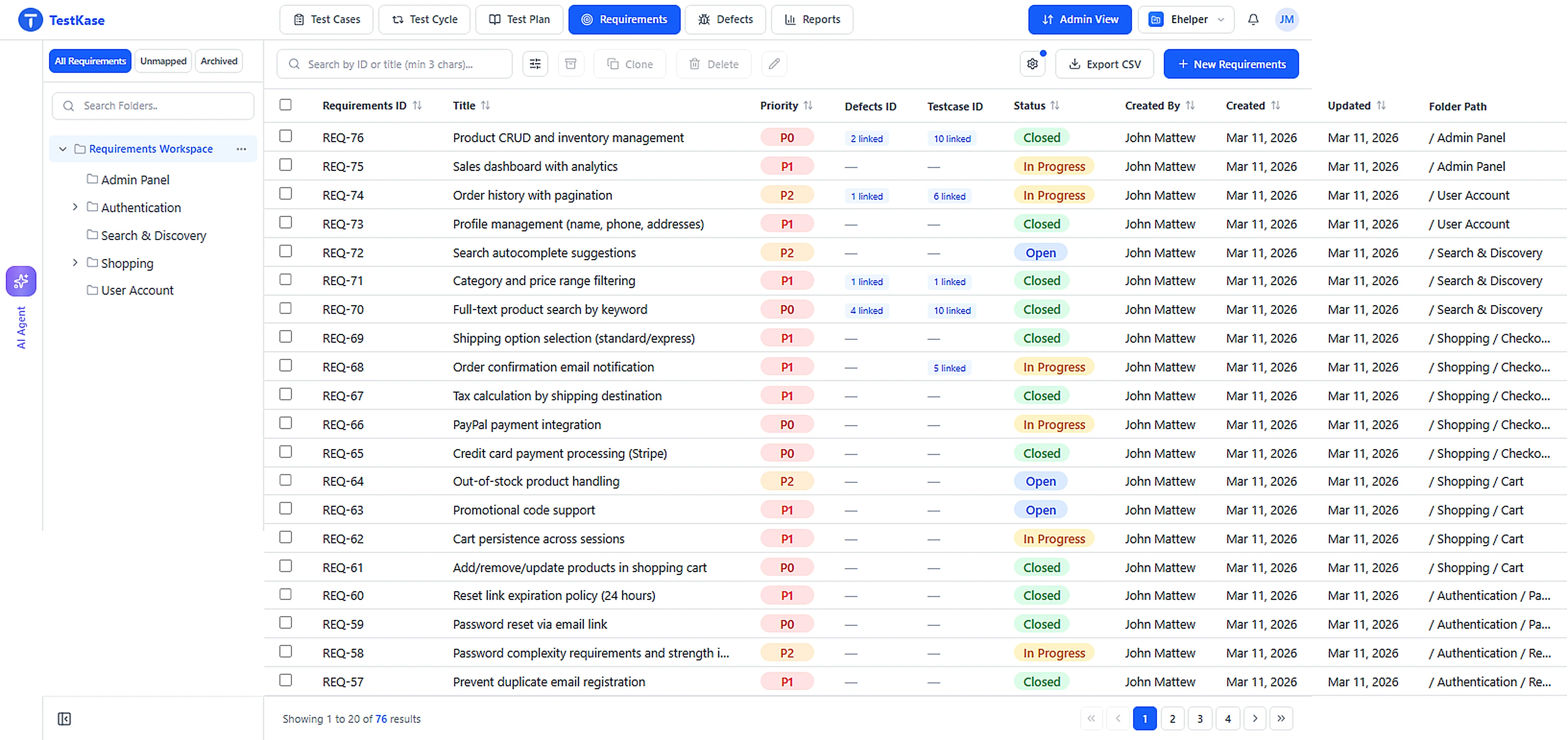 TestKase Requirements Dashboard